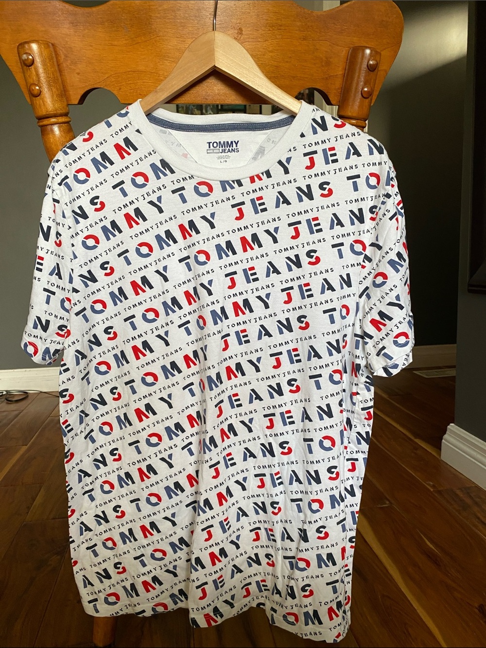 Tommy Hilfiger White Tee with Red & Blue All-Over Logo